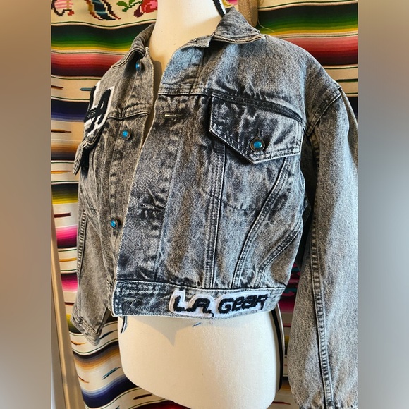 RARE 80s VINTAGE LA GEAR BLACK ACID WASH DENIM CROPPED JACKET - Picture 2 of 9